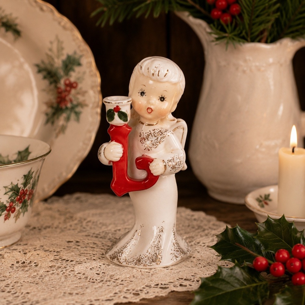Napco NOEL Angel Letter "L" Ceramic Christmas Figures Candle Holders  Japan 1957